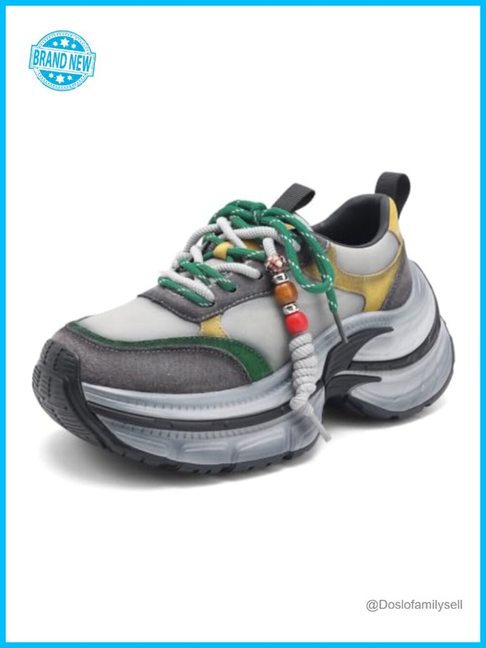 Platform Sneakers with Beaded Laces Leather Slip-Resistant Casual Walking Shoes